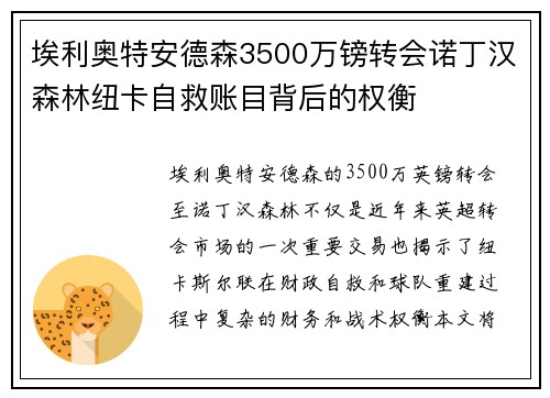 埃利奥特安德森3500万镑转会诺丁汉森林纽卡自救账目背后的权衡